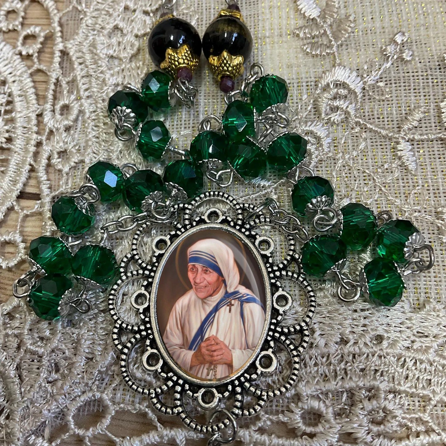 Handmade Rosary Mother Teresa of Calcutta - Green Glass Beads and Black Lapis Lazuli Jades Gemstones Rosary