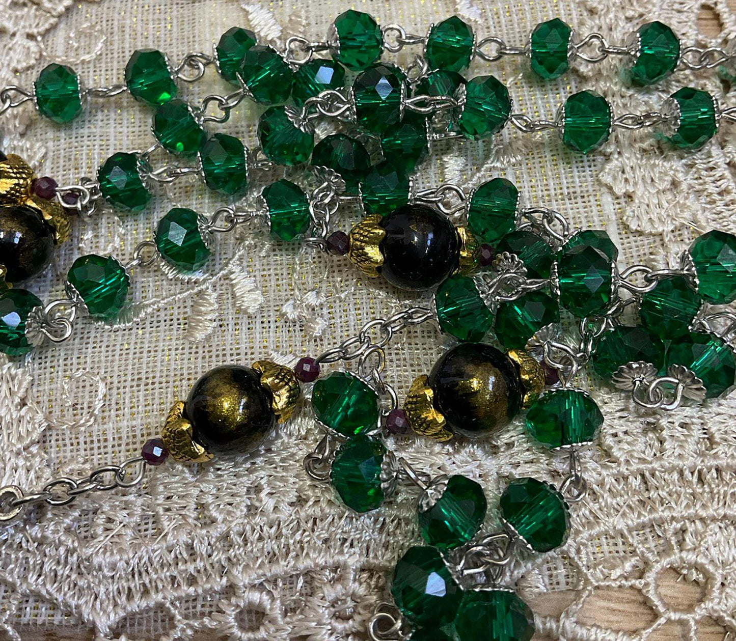 Handmade Rosary Our Lady of Czestochowa Green Glass Beads and Black Lapis Lazuli Jades Gemstones