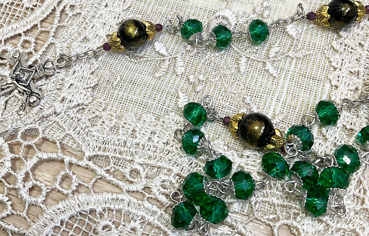 Handmade Rosary Our Lady of Czestochowa Green Glass Beads and Black Lapis Lazuli Jades Gemstones