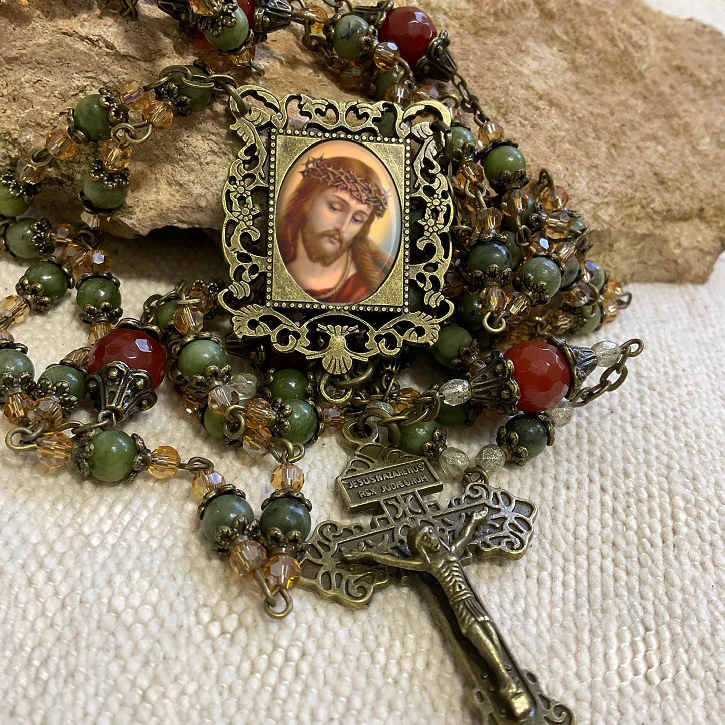 Ecce Homo Crown of Thorns Rosary - Handcrafted Jesus Christ Prayer Beads with Jade Gemstones & Bronze Crucifix