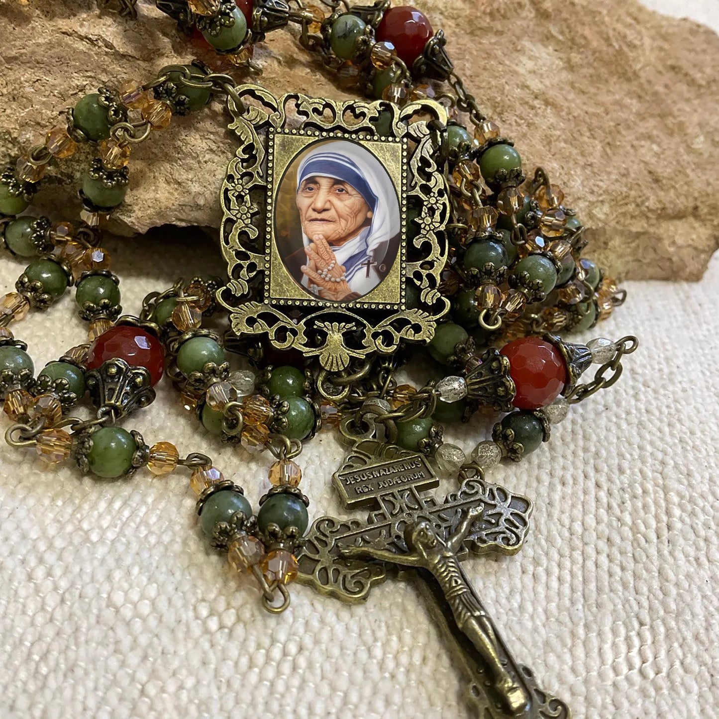Mother Teresa Rosary - Prayer Beads with Jade Gemstones & Bronze Crucifix