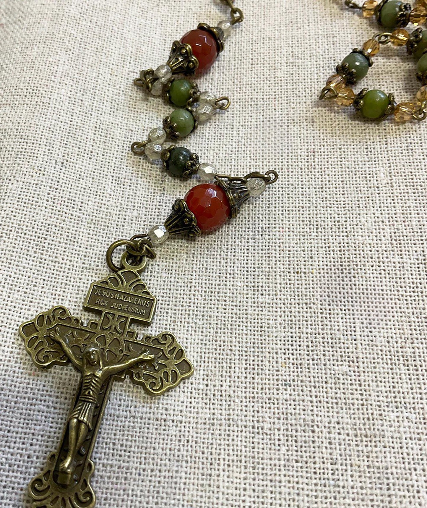 Ecce Homo Crown of Thorns Rosary - Handcrafted Jesus Christ Prayer Beads with Jade Gemstones & Bronze Crucifix