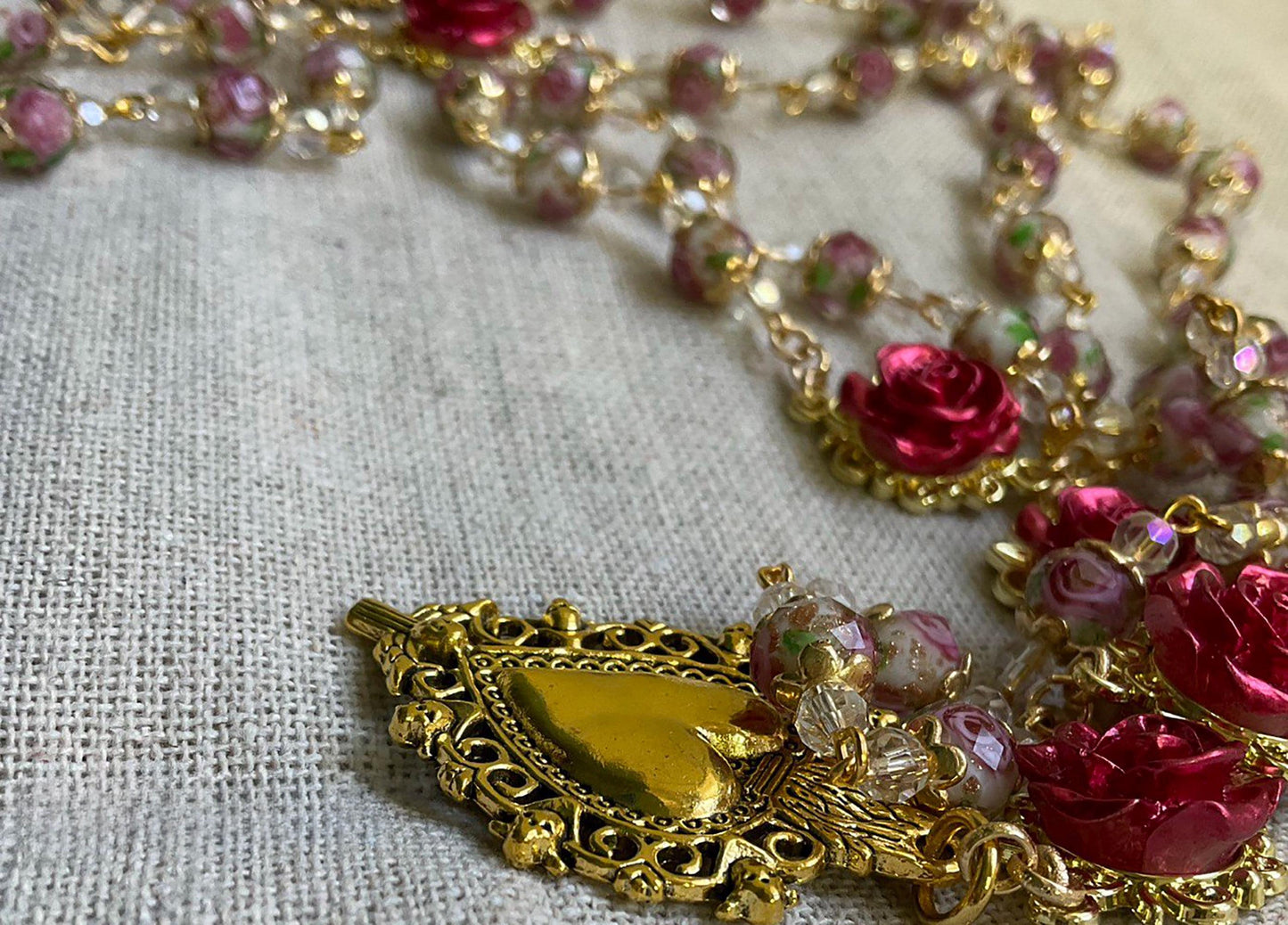 Rosary Immaculate Mary Lampwork Beads Gold Tone Sacred Heart with Roses