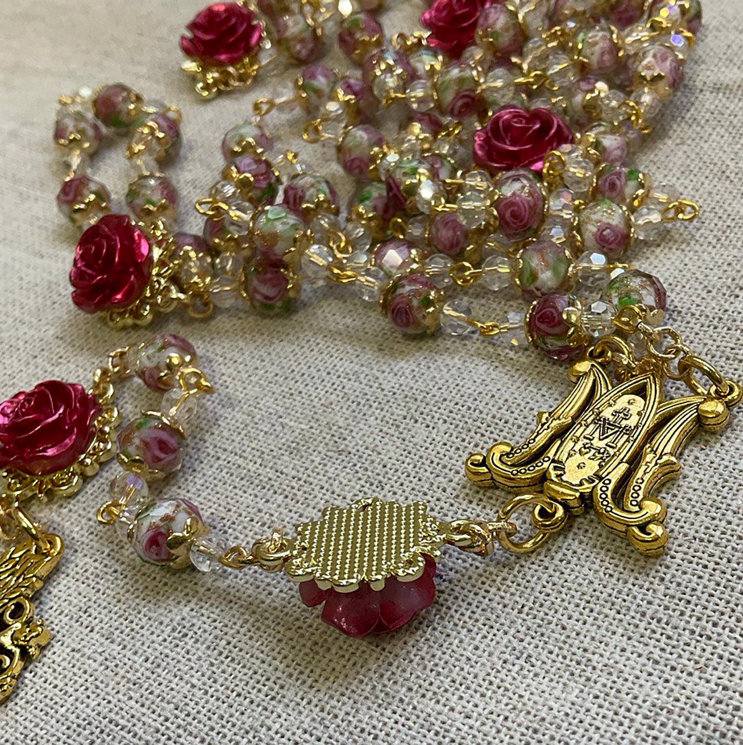 Rosary Immaculate Mary Lampwork Beads Gold Tone Sacred Heart with Roses
