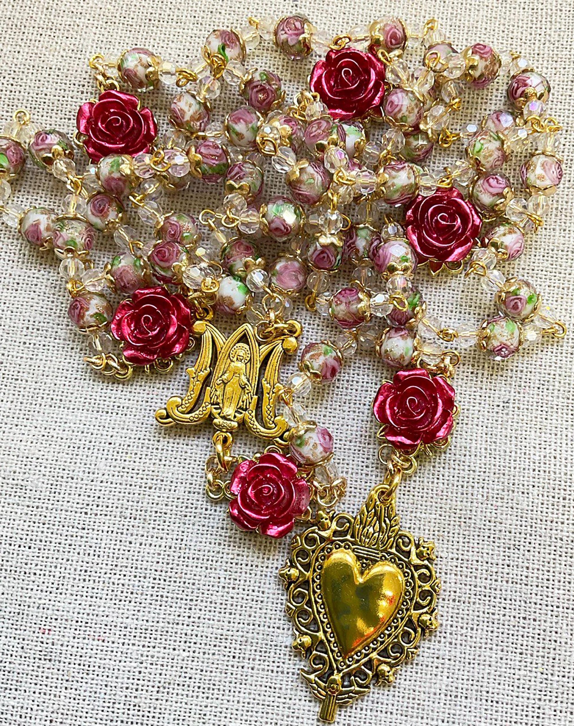 Rosary Immaculate Mary Lampwork Beads Gold Tone Sacred Heart with Roses