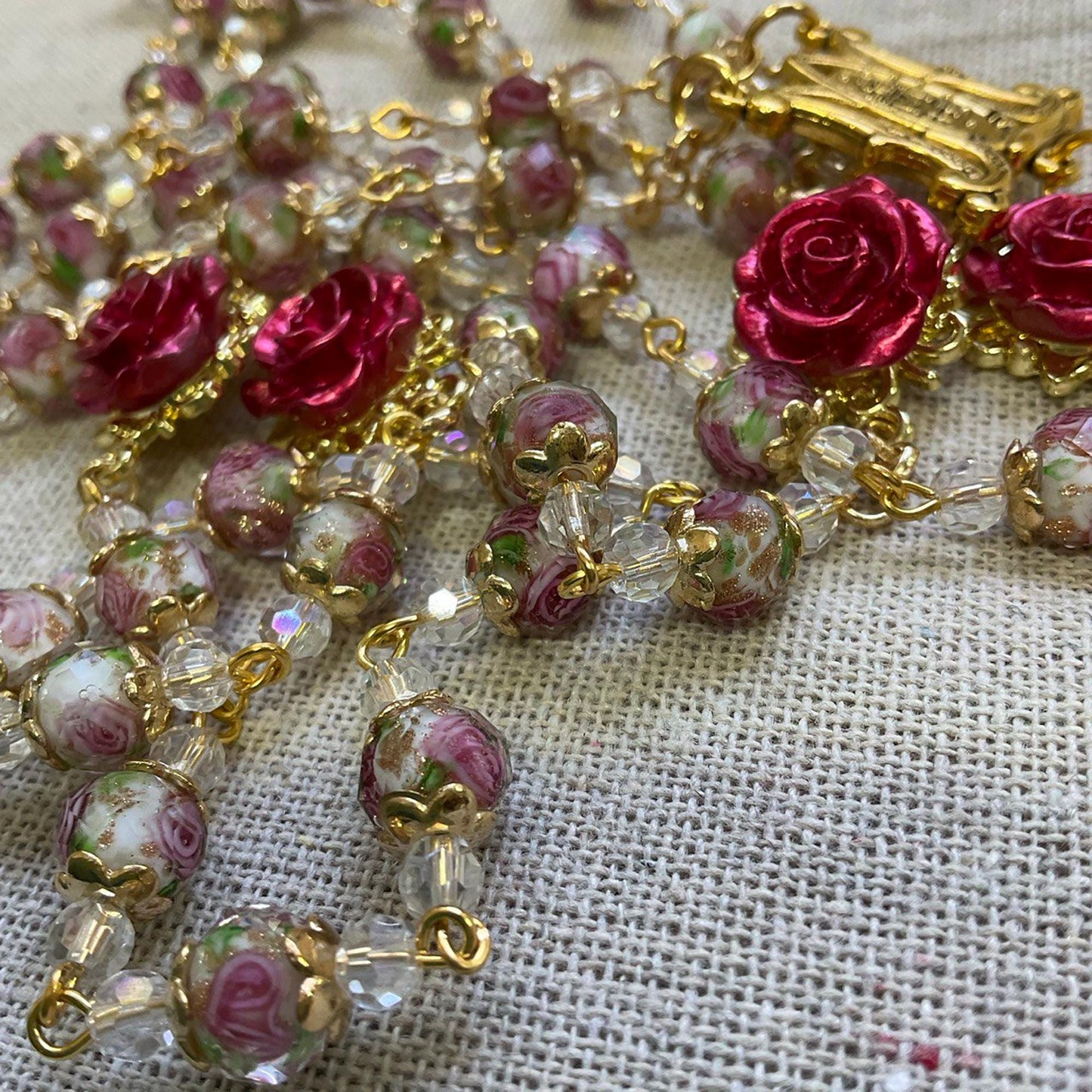 Rosary Immaculate Mary Lampwork Beads Gold Tone Sacred Heart with Roses