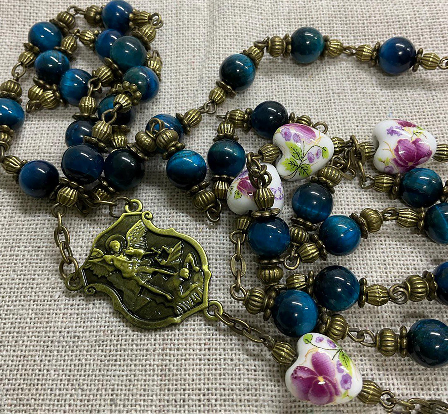 Catholic Rosary Heirloom Vintage Style | Pardon Crucifix St Michael Archangel Centerpiece Handmade Devotional Gemstones Beads Ceramic Hearts