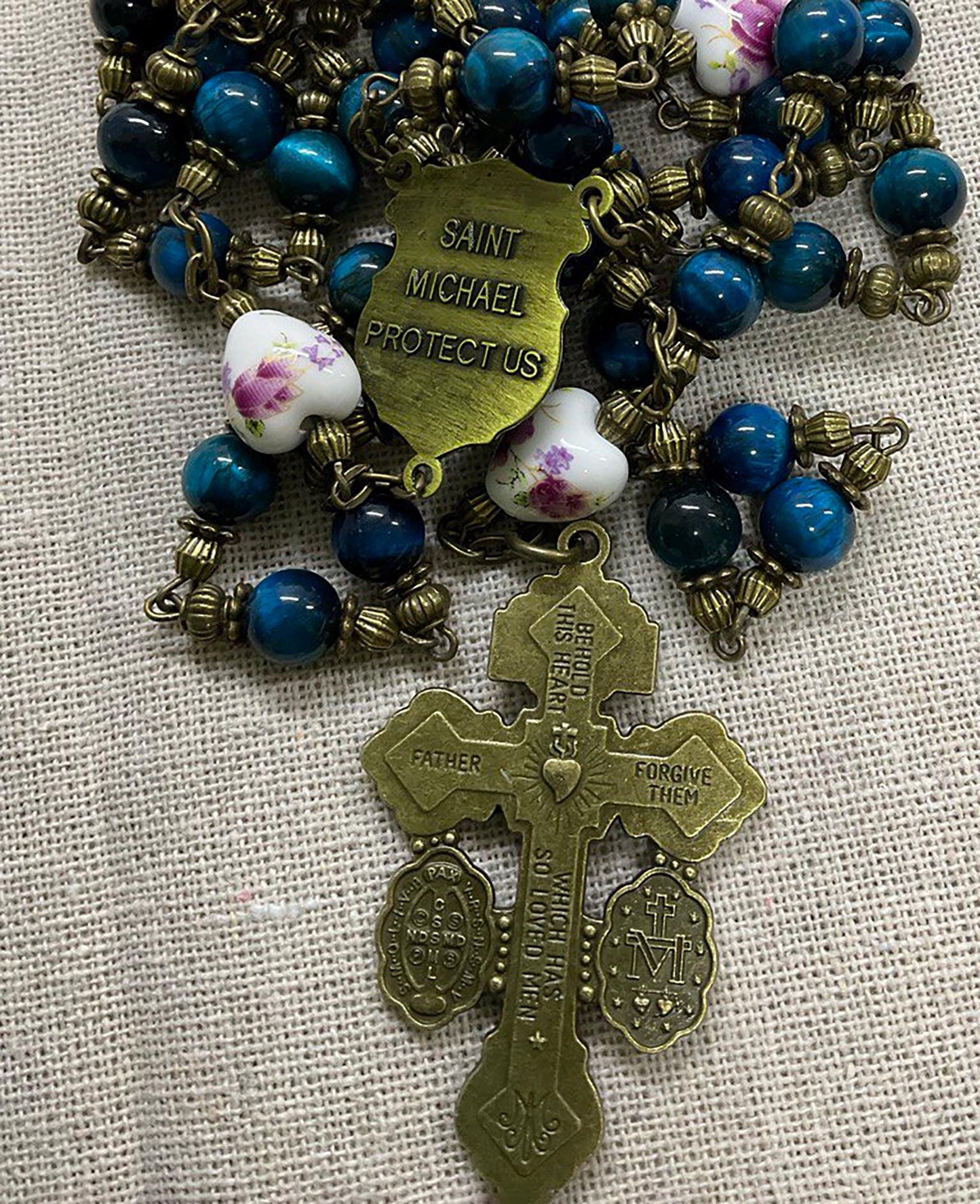 Catholic Rosary Heirloom Vintage Style | Pardon Crucifix St Michael Archangel Centerpiece Handmade Devotional Gemstones Beads Ceramic Hearts