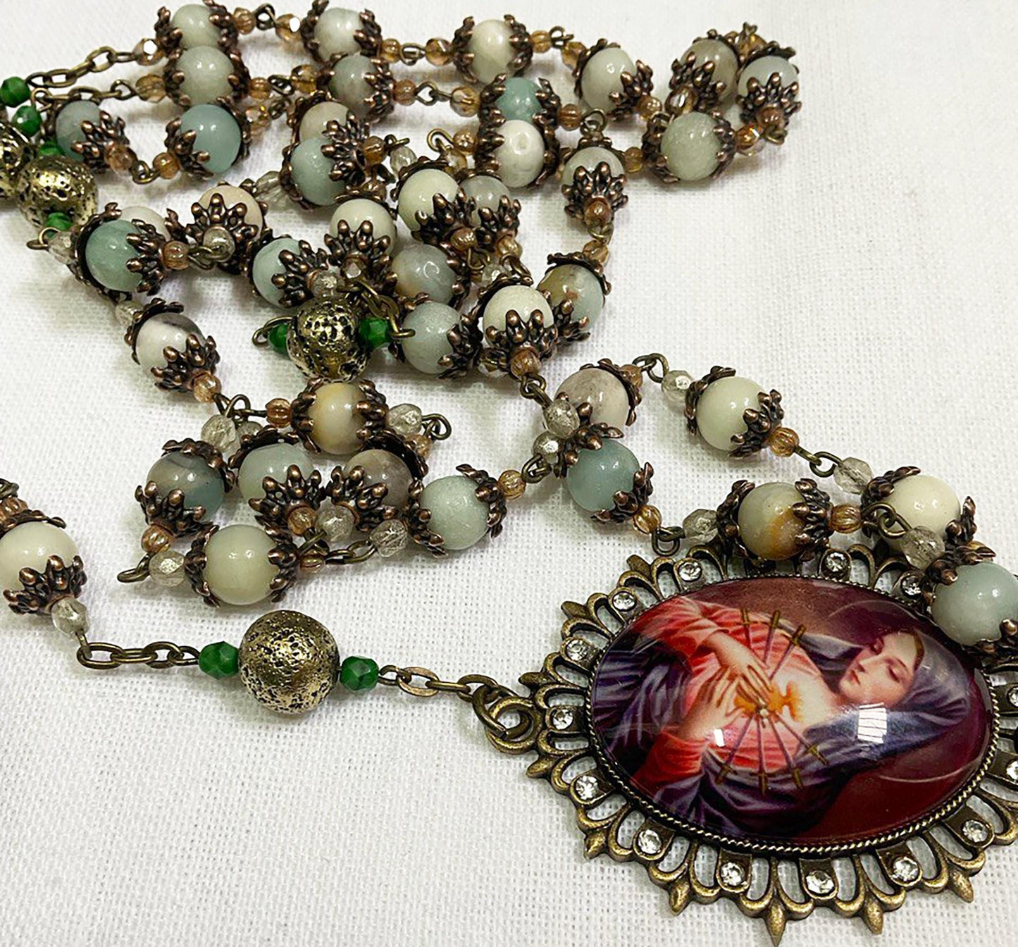 Catholic Heirloom Bronze Rosary Our Lady of Sorrows | Seven Sorrows of Mary | Handmade with Amazonite Gemstones + Czech Glass Beads