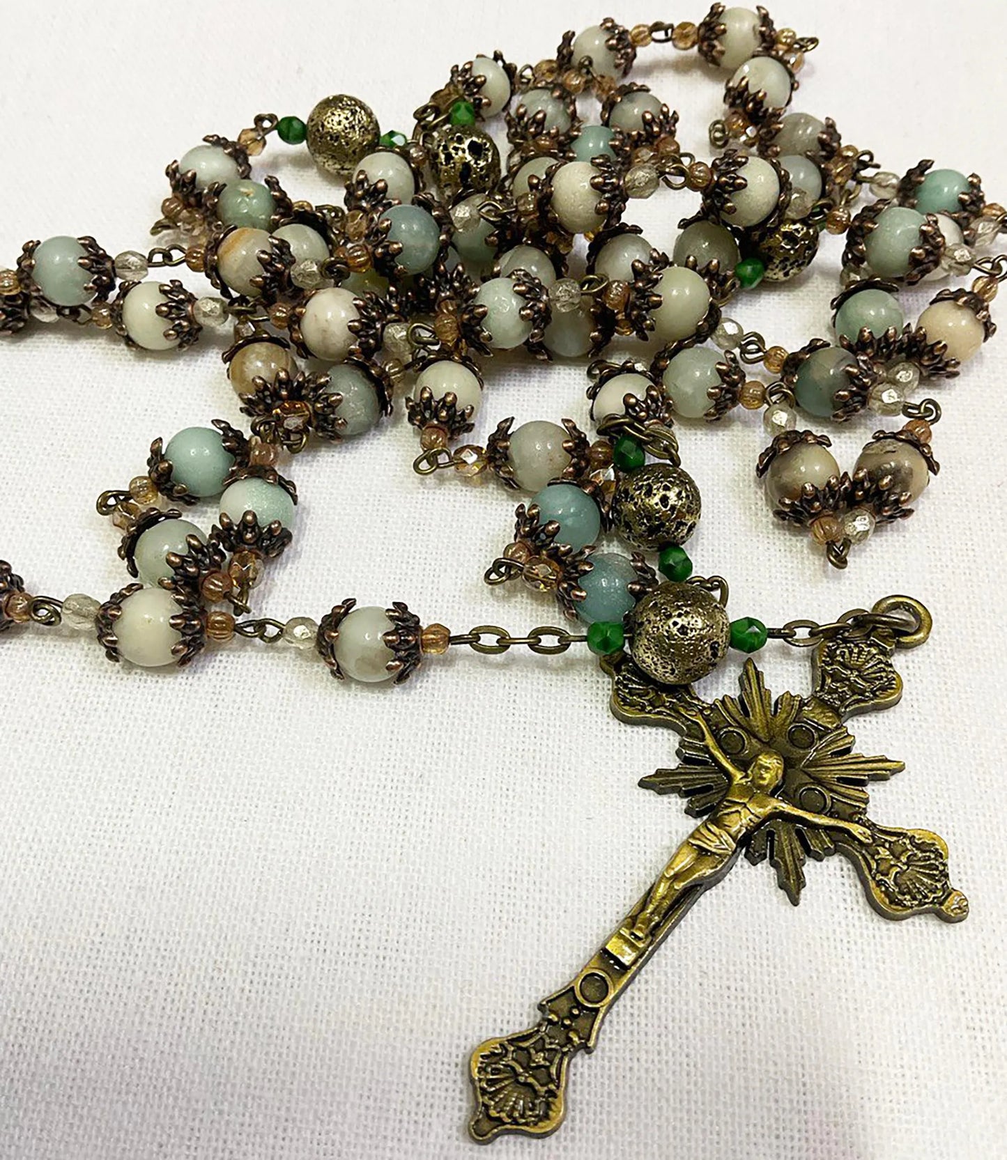 St Mother Teresa Handmade Catholic Rosary - Amazonite Gemstones and Czech Glass Beads
