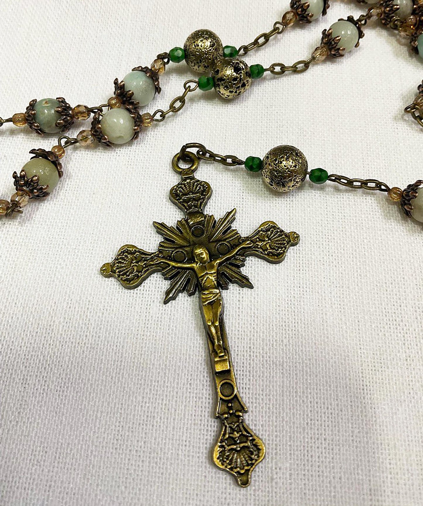 Catholic Heirloom Bronze Rosary Our Lady of Sorrows | Seven Sorrows of Mary | Handmade with Amazonite Gemstones + Czech Glass Beads