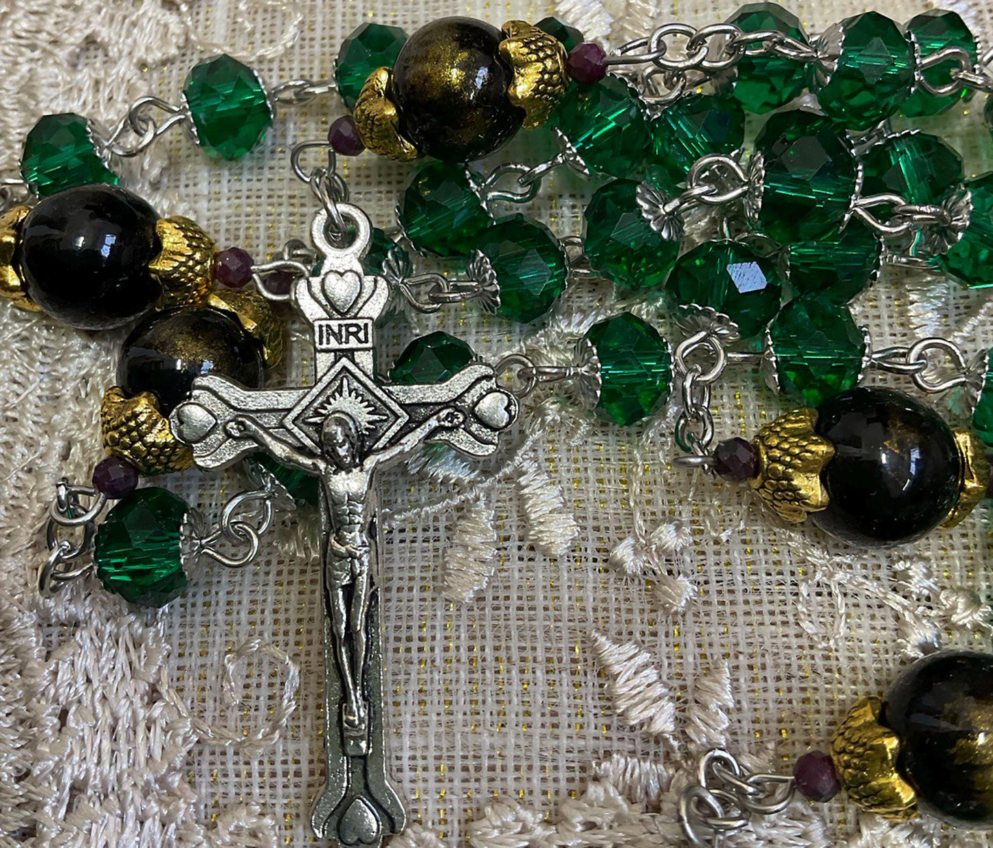 Handmade Rosary Our Lady of Czestochowa Green Glass Beads and Black Lapis Lazuli Jades Gemstones