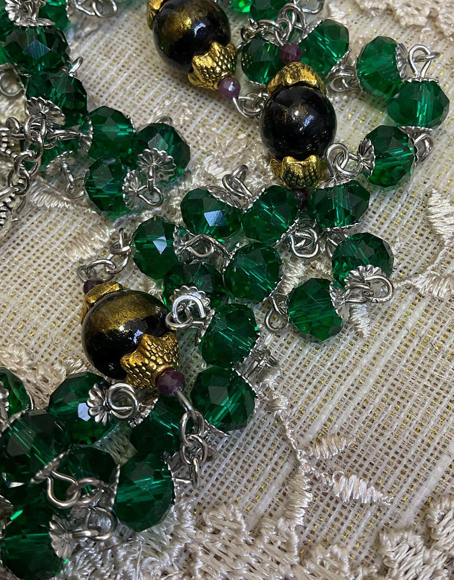 Handmade Rosary Our Lady of Czestochowa Green Glass Beads and Black Lapis Lazuli Jades Gemstones