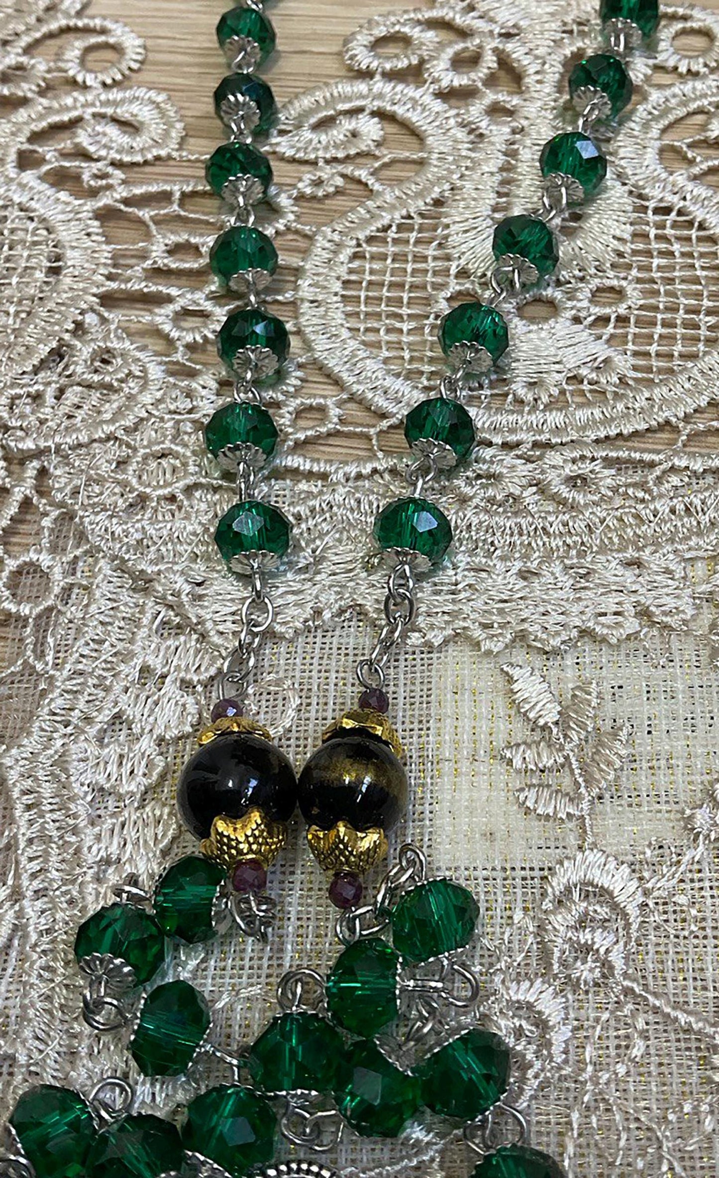 Handmade Rosary Our Lady of Czestochowa Green Glass Beads and Black Lapis Lazuli Jades Gemstones