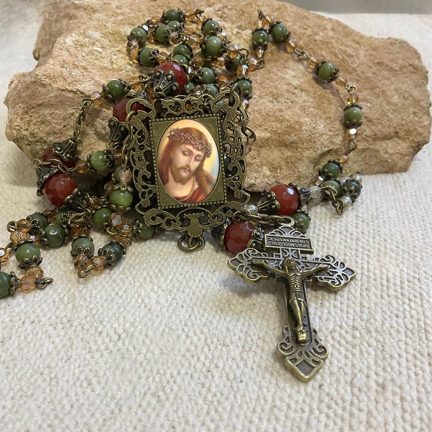 Ecce Homo Crown of Thorns Rosary - Handcrafted Jesus Christ Prayer Beads with Jade Gemstones & Bronze Crucifix