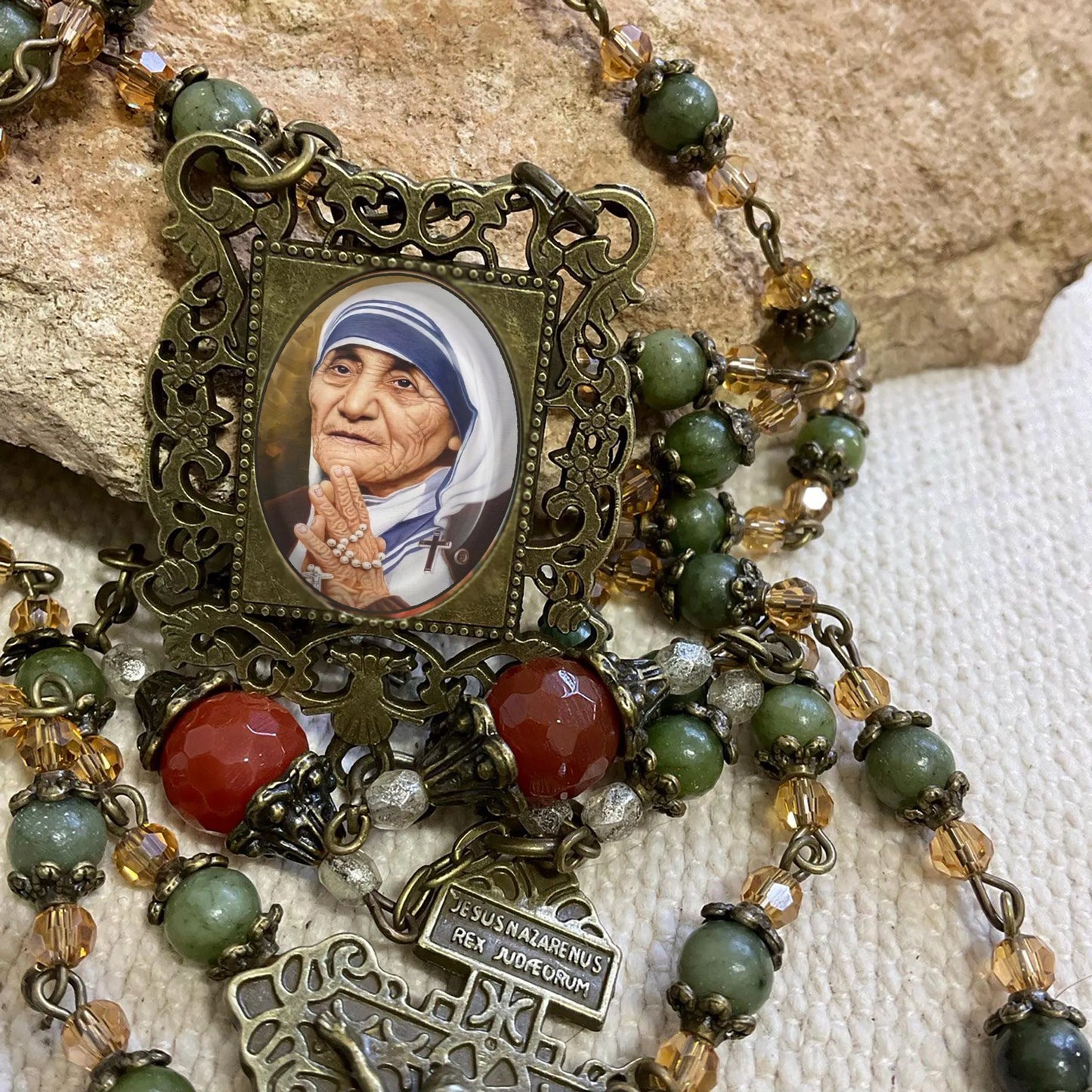 Mother Teresa Rosary - Prayer Beads with Jade Gemstones & Bronze Crucifix