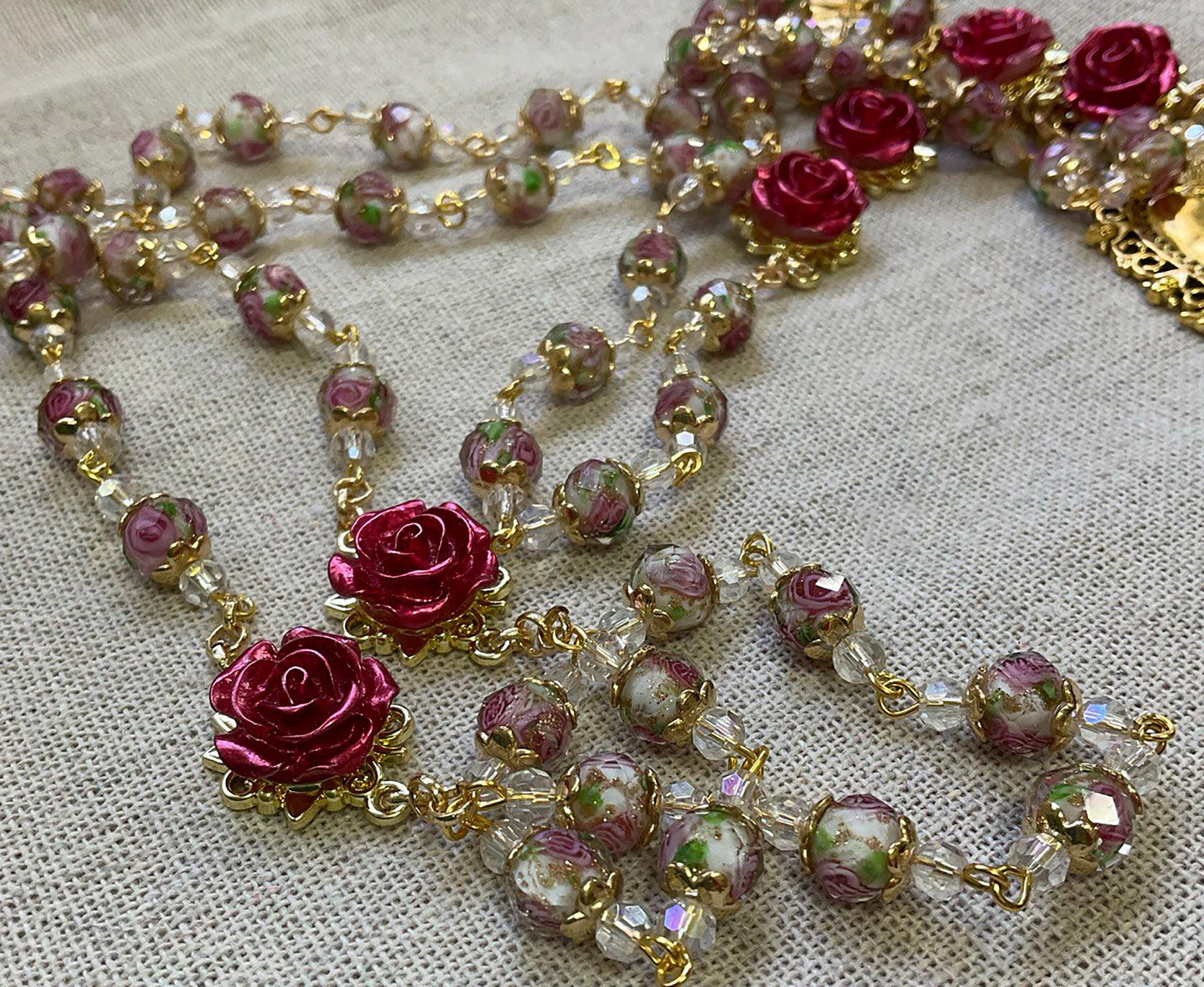 Rosary Immaculate Mary Lampwork Beads Gold Tone Sacred Heart with Roses