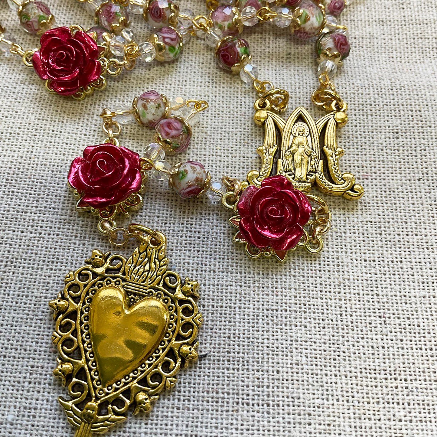 Rosary Immaculate Mary Lampwork Beads Gold Tone Sacred Heart with Roses