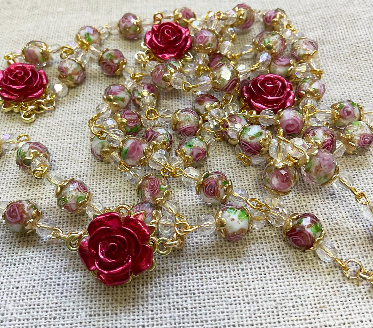 Rosary Immaculate Mary Lampwork Beads Gold Tone Sacred Heart with Roses