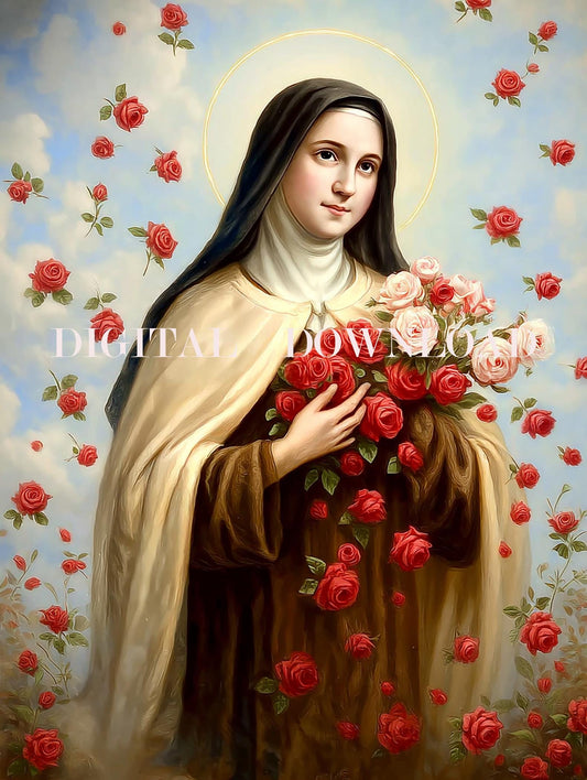 Saint Therese of Lisieux Full Of Roses Catholic Religious Art Print DIGITAL DOWNLOAD
