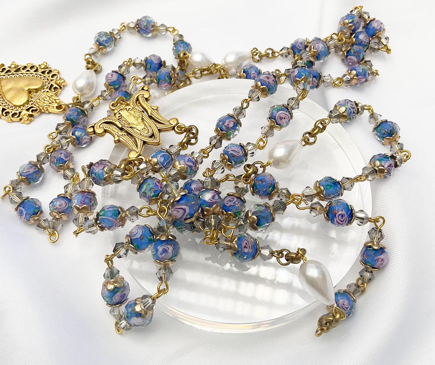 Rosary Immaculate Mary Blue Lampwork Beads Gold Tone Sacred Heart with Pearls Drops