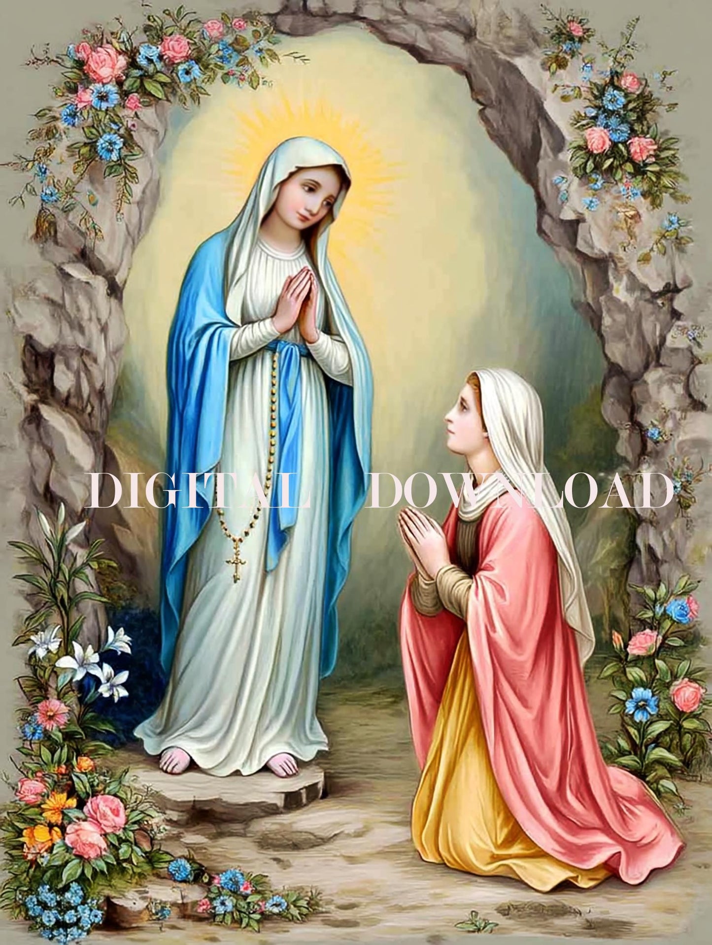Our Lady of Lourdes | Apparition to St. Bernadette DIGITAL DOWNLOAD Religious Art Print Christian