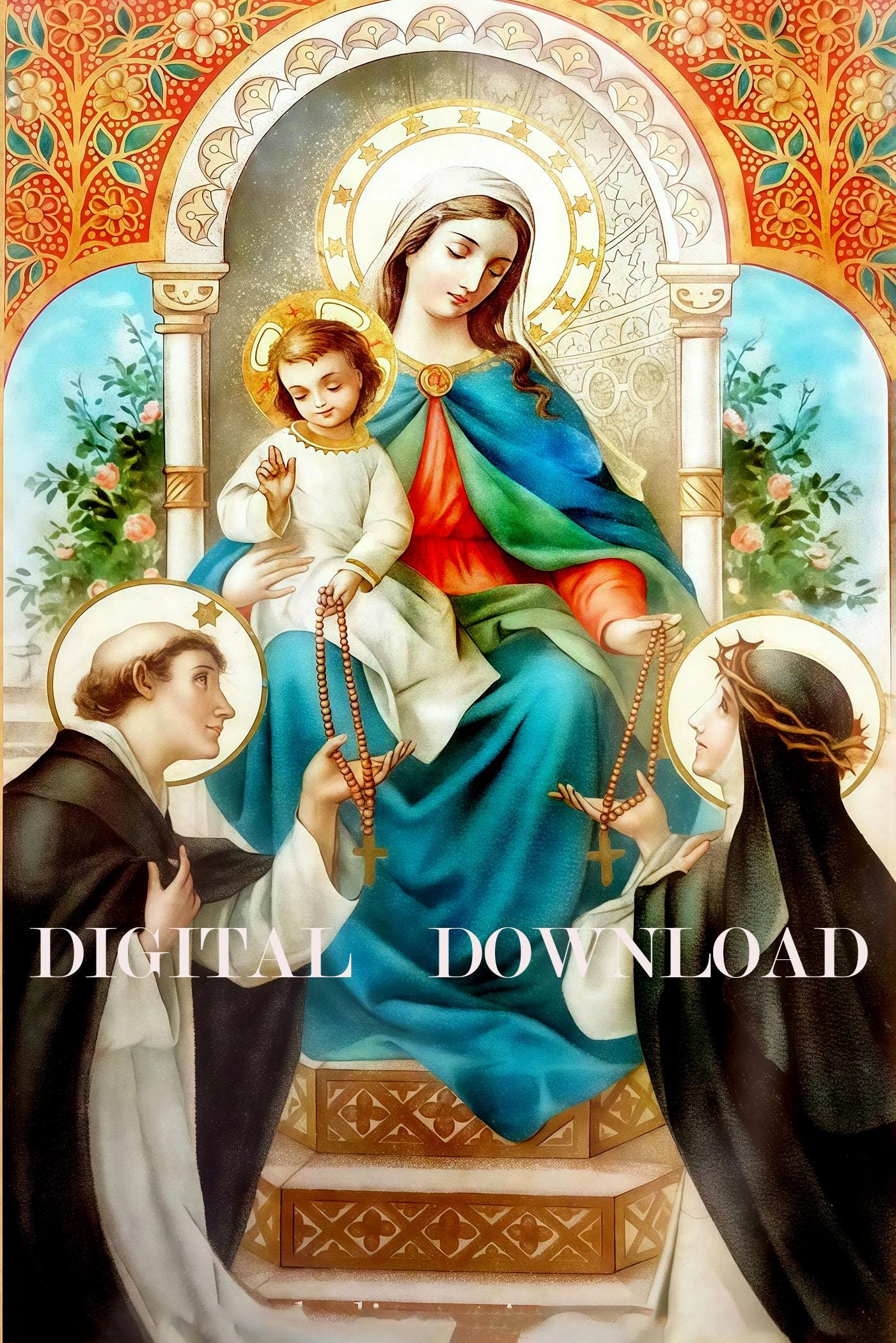 Our Lady Of The Rosary, St. Dominic, St. Catherine of Siena - High Resolution Old French Card DIGITAL DOWNLOAD Religious Art Print Christian