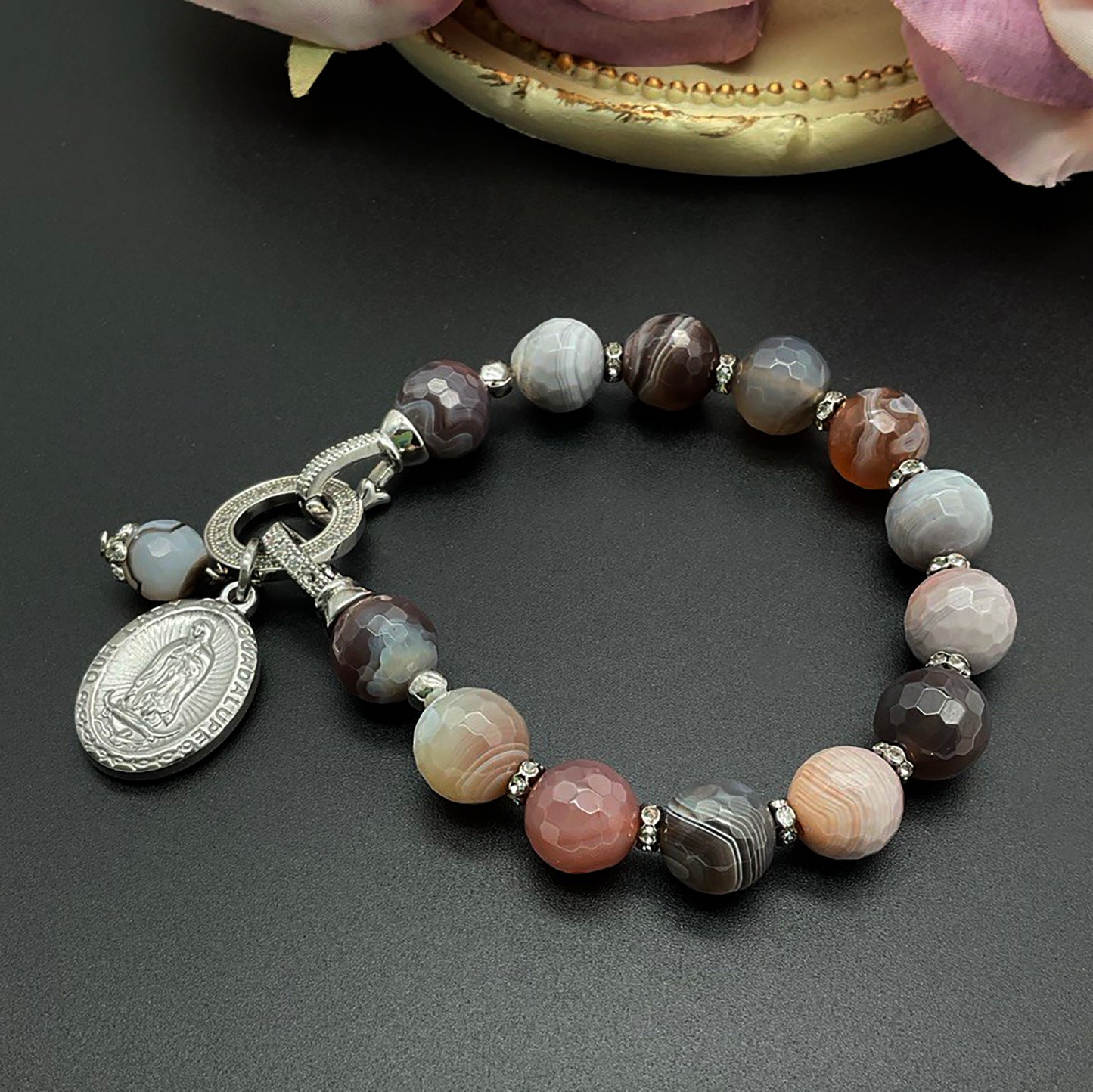 Our Lady of Guadalupe Bracelet | Mother Mary Agate Botswana Bracelet Jewelry