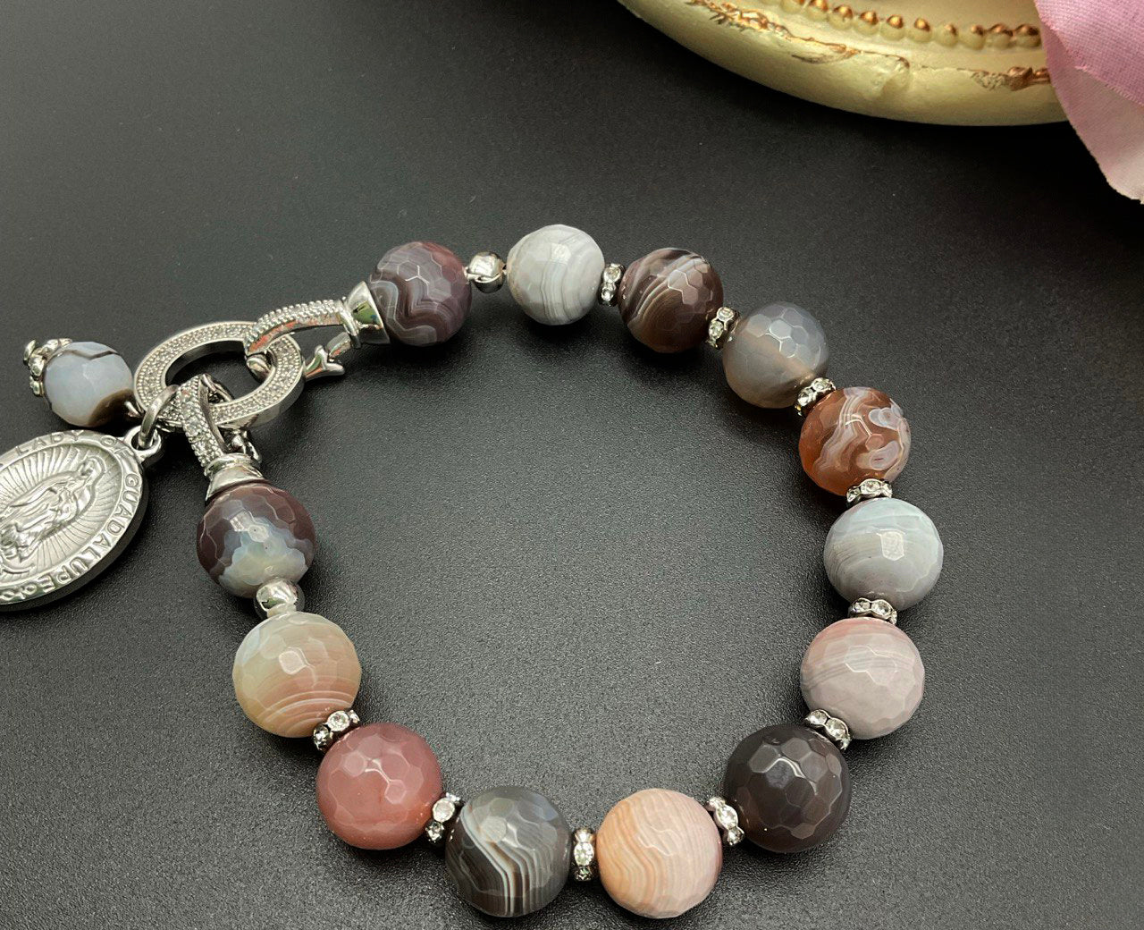 Our Lady of Guadalupe Bracelet | Mother Mary Agate Botswana Bracelet Jewelry