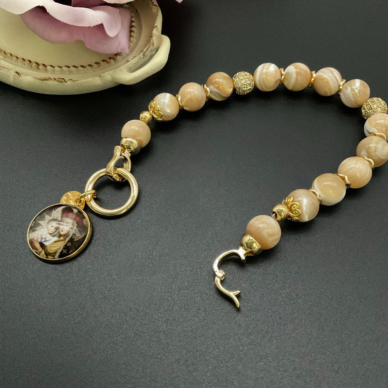 CUSTOM Option - Handmade St Rose of Lima w Baby Jesus Gemstones Bracelet | Trochus Shell Beads Stones Jewelry | Catholic Bracelet Premium Quality