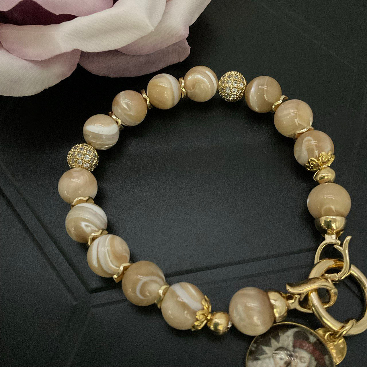 CUSTOM Option - Handmade St Rose of Lima w Baby Jesus Gemstones Bracelet | Trochus Shell Beads Stones Jewelry | Catholic Bracelet Premium Quality