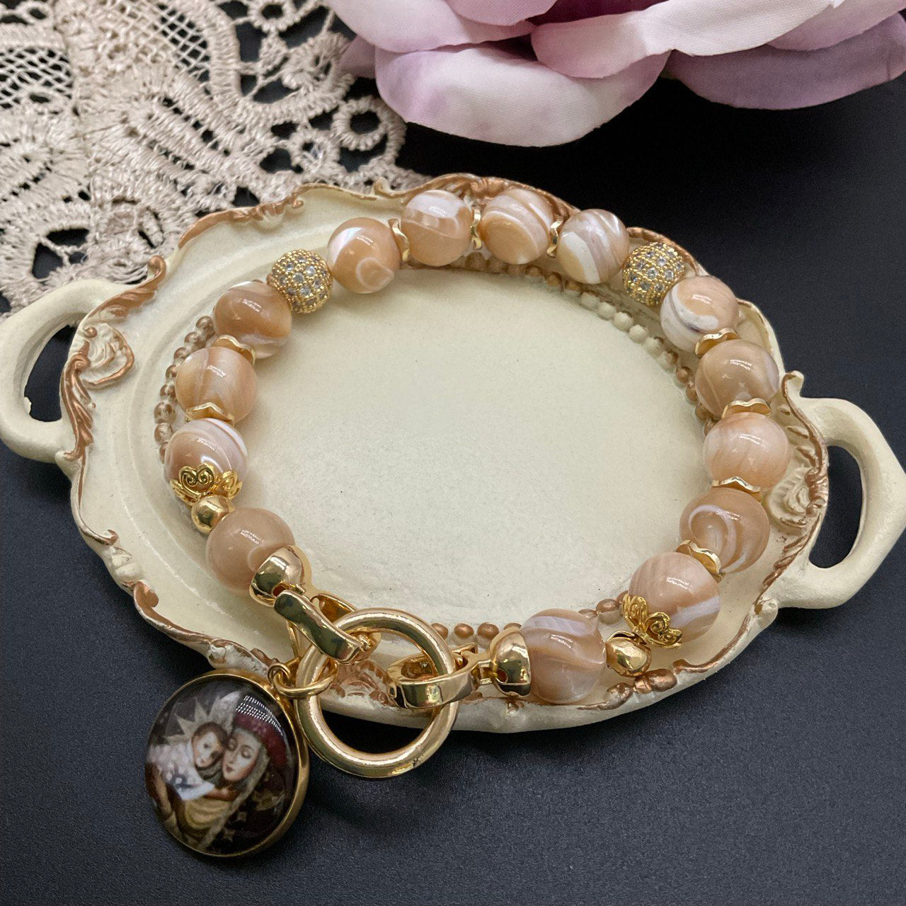 CUSTOM Option - Handmade St Rose of Lima w Baby Jesus Gemstones Bracelet | Trochus Shell Beads Stones Jewelry | Catholic Bracelet Premium Quality