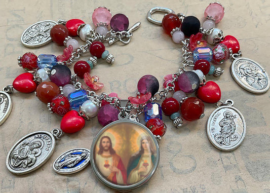Immaculate Mary and Sacred Heart Jesus Catholic Religious Handmade Bracelet with Gemstones