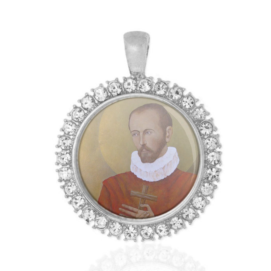 St. Francis Borgia Catholic Medal with Rhinestones Round Pendant