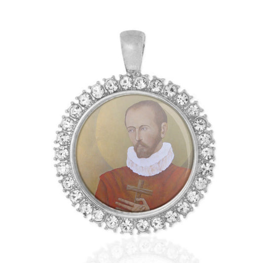 St. Francis Borgia Catholic Medal with Rhinestones Round Pendant