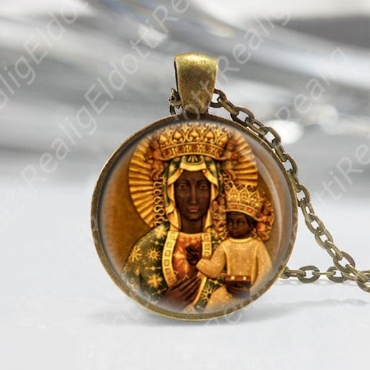 Our Lady of Czestochowa Black Madonna Icon Brass Necklace