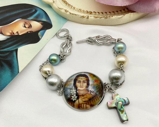 St Kateri Tekakwitha Bracelet - Catholic Bracelet with Cotton and Fresh Water Pearls - Custom Available!