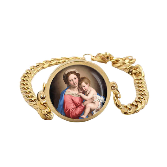 Our Lady Mother Mary And Baby Curb Bracelet Gold or Silver tone Religious Jewelry Simple Chain