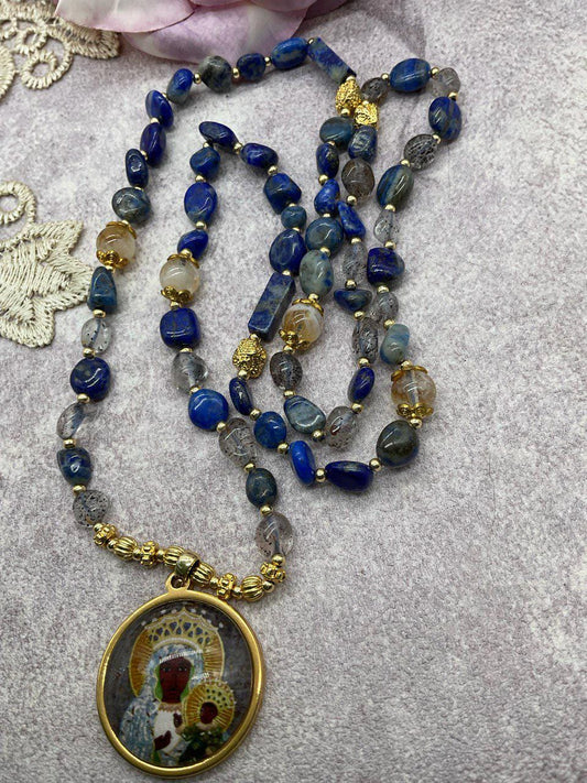 Our Lady of Czestochowa Necklace — Lapis Lazuli Beaded Necklace with Gray Glass, Black Madonna Catholic Jewelry, Handmade Religious Necklace