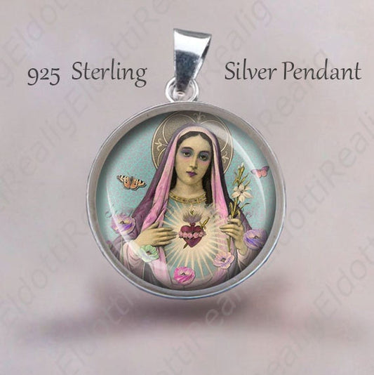 Virgin Mary Immaculate Heart Religious Christian Medal. Sterling Silver 925 Christian Pendant 20mm Jewelry NEW