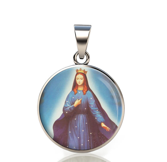 Our Lady Pontmain 925 Sterling Silver Round Pendant Christian Religious Medal Small 20mm