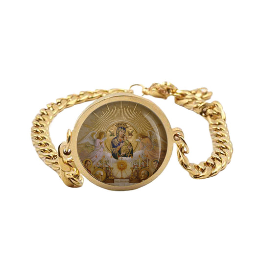 Our Lady of Perpetual Help Curb Chain Bracelet  Gold or Silver Tone Religious Jewelry