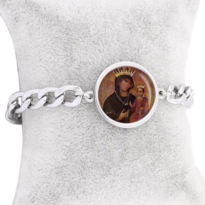 Our Lady Peacee Curb Bracelet Gold or Silver tone Religious Jewelry Simple Chain