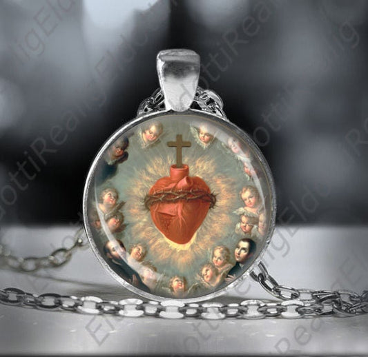 Our Lord Sacred Heart w Saints and Cheruns - Catholic Necklace Medal Pendant Religious Christian Jewelry