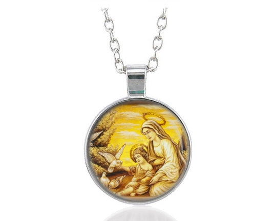 Mother Mary And Child Jesus with Doves Necklace Round Pendant
