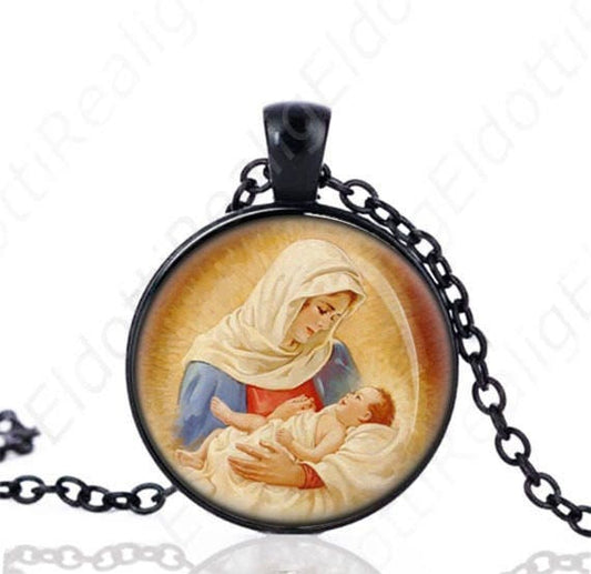 Mother Mary And Child Black Necklace Catholic Madonna Medal Religious Pendant Jewelry
