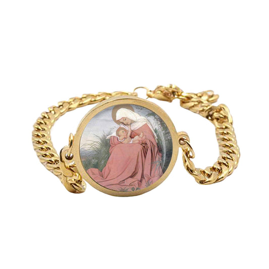 Our Lady Joy Curb Bracelet Gold or Silver tone Religious Jewelry Simple Chain