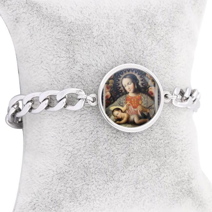 Our Lady Mary Veil Jesus Curb Bracelet Gold or Silver tone Religious Jewelry Simple Chain
