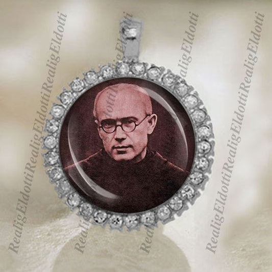 St. Maximilian Kolbe Catholic Patron Silver Tone Medal Pendant Cameo Cabochon