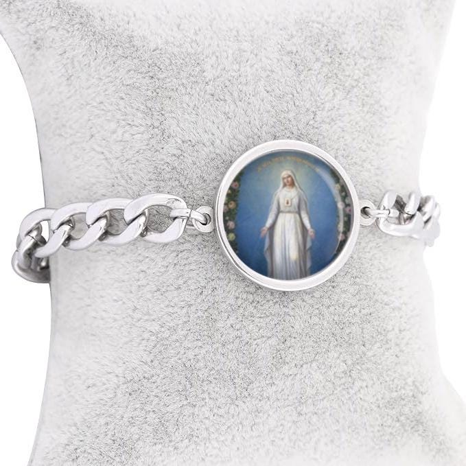 Our Lady with Wreath Of Roses Curb Bracelet Gold or Silver tone Religious Jewelry Simple Chain